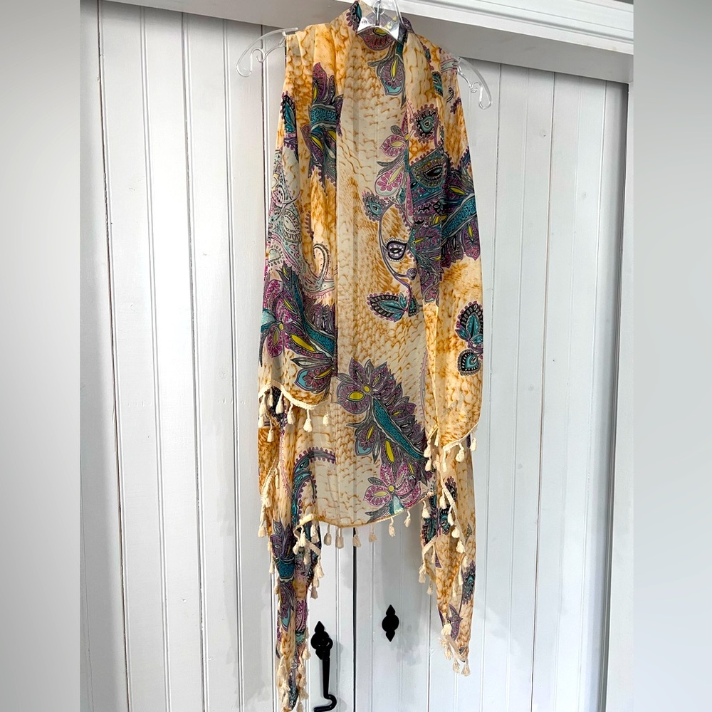 Sheer shawl/scarf style vest with fringe.